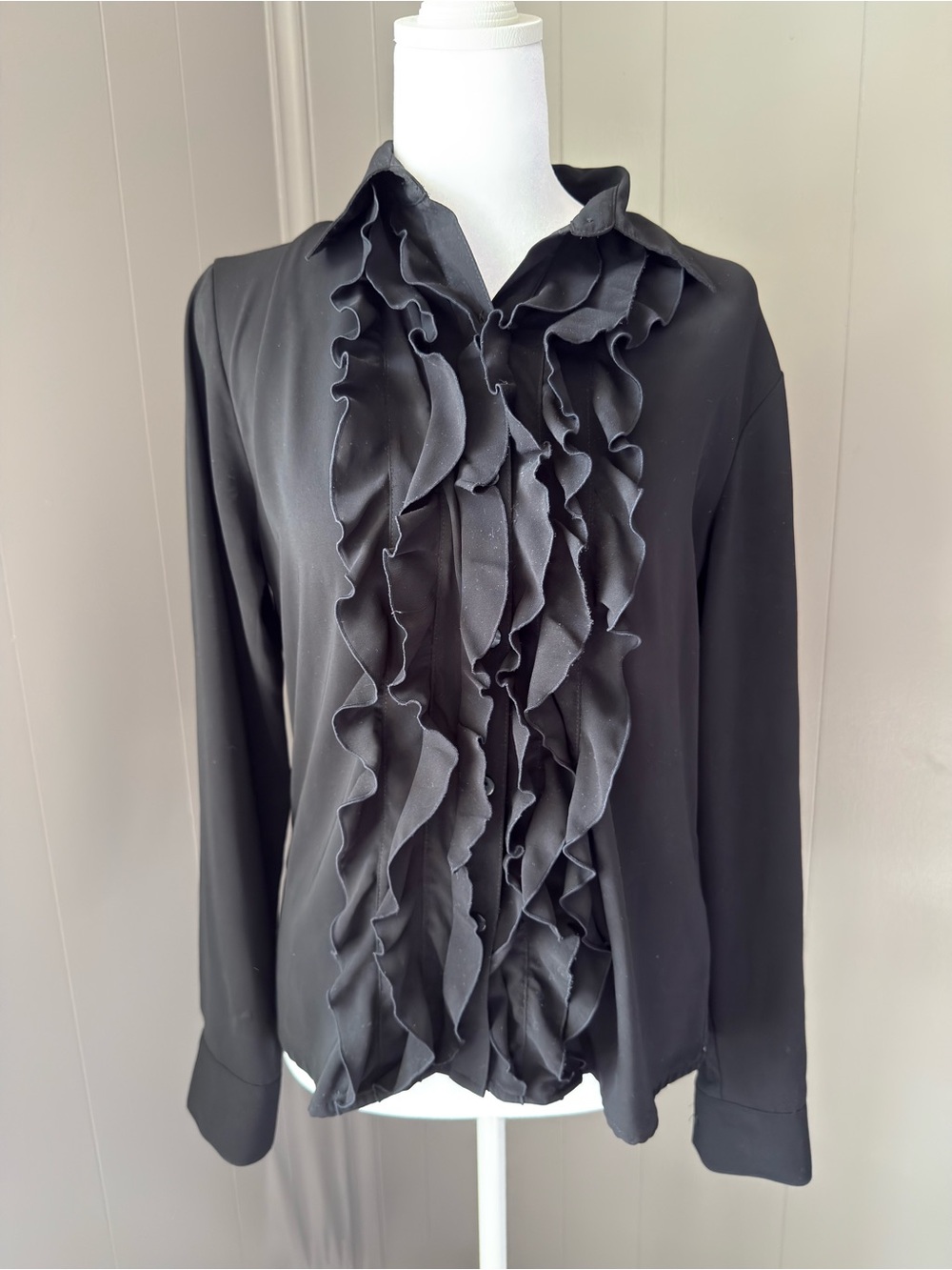 Jordan Black Ruffle-Front Long Sleeve Blouse
